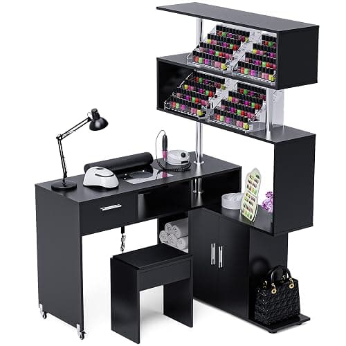 Kikihouse Manicure Table Nail Desk with Stool, Rotating L-Shaped Nail Tech Desk with Dust Collector, Two-Way Drawer, Cabinet & Storage Shelves, Reversible Manicure Workstation on Wheels (Black) thumbnail 8