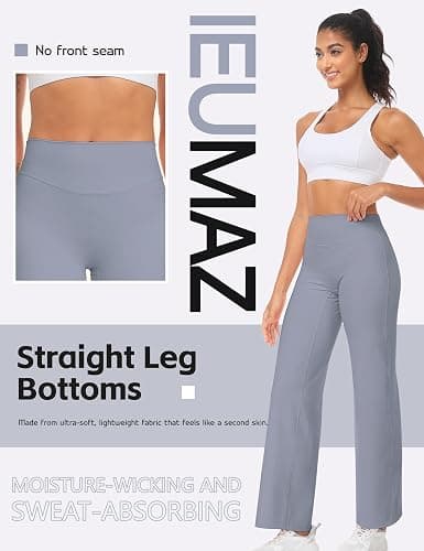 Ieumaz Women Straight Leggings Bottoms High Waist Gym Workout Leggings Stretch Casual Wide Leg Yoga Pants thumbnail 5