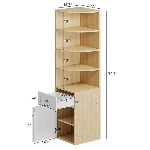 IRONCK Corner Bookshelf and Bookcase, 71" H Wooden Book Shelves 4 Tier with Drawers and Storage Cabinet for Living Room, Office, Bedroom, Oak and White thumbnail 2
