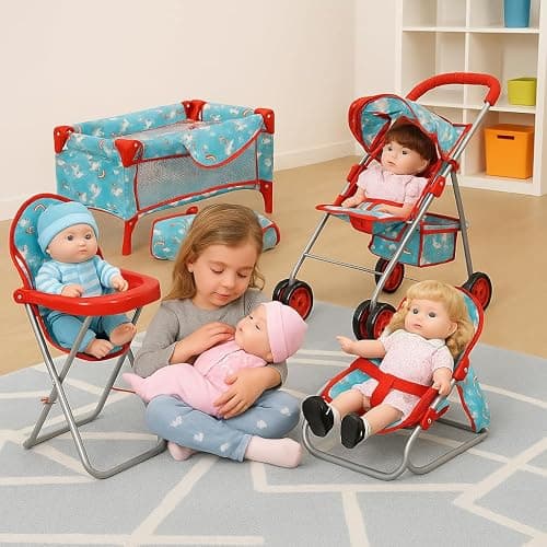 Fash n kolor® 4 Piece Doll Play Set, Doll Accessories Gift, Toy Set -Unicorn Design Includes, Doll Foldable Bed, Doll Stroller, Doll High Chair and Doll Seat, Dolls Gift Set (4 Piece Set) thumbnail 9