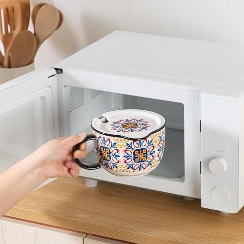 Chubacoo Soup Bowl with Lid & Spoon: Ceramic Large Microwavable Bowl with Plate Combo - Ideal for Ramen Cereal Oatmeal Noodles Sandwich Chip & Bread Dip Cracker - Big Handle, 32 oz, C-pattern thumbnail 2