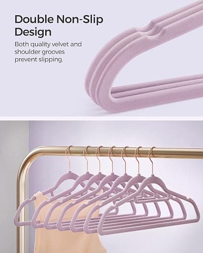 SONGMICS Velvet Hangers, Set of 50 Clothes Hanger with Rose Gold Swivel Hook, Non-Slip, and Space-Saving, 0.2-Inch Thick, 17.1-Inch Long for Coat, Shirt, Dress, Pants, Tie, Lavender Purple UCRF021GP50 thumbnail 4