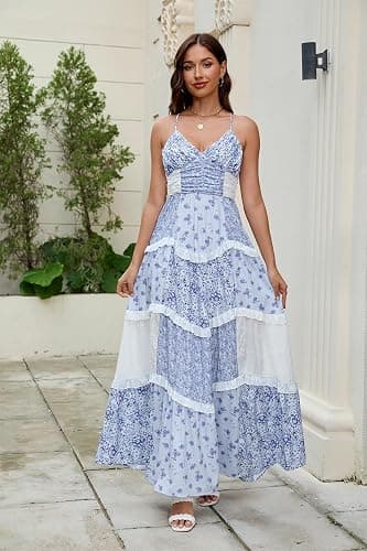 ABYOVRT Women Floral Maxi Dress Spaghetti Straps V Neck Patchwork Flowy Boho Sundress Tiered Long Dresses thumbnail 4