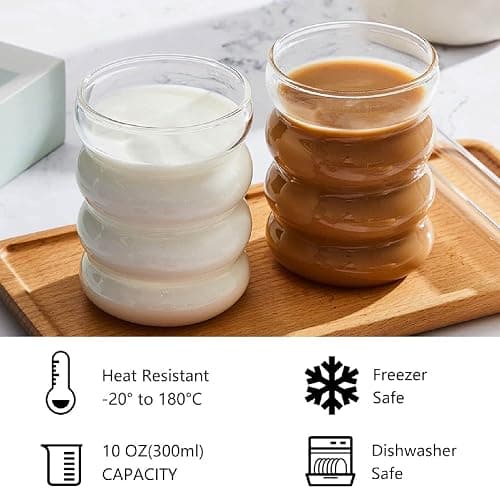 ALINK Gerippte Trinkgläser mit Glasstrohhalmen 4er Set, 350ml Eiskaffeegläser, Wave Gläser Tumbler, Wassergläser,Longdrinkgläser,Trinkgläser, für Cocktail,Wasser, Soda, Geschenk mit Pinsel thumbnail 6