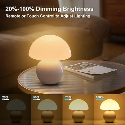 KARTOOSH Cordless Cute Mushroom Lamp with Remote Control, Cordless Lamps for Tables, 9 RGB, 3 Color Temperature, Stepless Dimmable, Timer, Memory, Unique Aesthetic Home Decor for Living Room (White) thumbnail 6