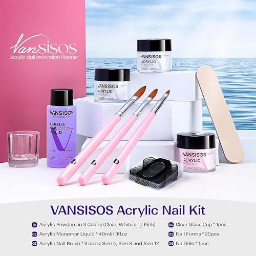 VANSISOS Acrylic Nail Kit for Beginners: Clear White Pink Powder and Liquid Set Professional Nails Kit Acrylic Set with Brushes for Home DIY thumbnail 2