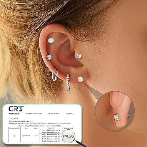 Surgical Steel Flat Back Earrings Set for Multiple Piercing Sensitive Ears,Sterling Silver Hypoallergenic Small Cartilage Huggie Hoop Earrings Titanium Tiny CZ Pearl Opal Stud Earrings for Women thumbnail 2