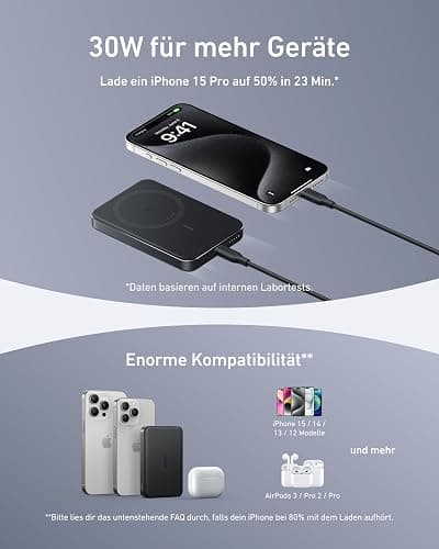 Anker MagGo Powerbank, Ultra-schlankes 10.000mAh magnetisches Akkupack, Qi2-zertifiziert, portabel, 15W Ultra-schnelles MagSafe-kompatibles Ladegerät, ergonomisches Design, nur für iPhone 16/15/14/13 thumbnail 6