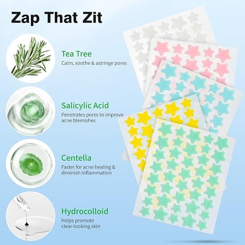 QUSTERE Pimple Patches for Face, Hydrocolloid Acne Patches, Cute Star Zit Covers, Colorful Spot Stickers with Tea Tree, Salicylic Acid & Cica Oil| 3 Sizes (10mm, 12mm & 14mm) |200 Count thumbnail 3