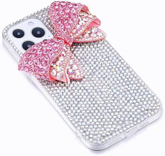 Max-ABC for iPhone 14 Plus Bling Glitter Case,3D Cute Bow Diamond Women Girls Cover Luxury Shiny Sparkle Crystal Rhinestone Gems Bumper Clear Protective Phone Case,Bow Pink thumbnail 4