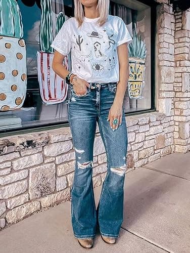 Flamingals Women's Bell Bottom Jeans Flared Ripped High Waist Stretchy Distressed Denim Bootcut Jeans thumbnail 7
