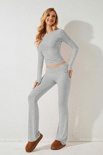MISSACTIVER Women's Two Piece Outfit Basic Long Sleeve Crop Top and Low Rise Flare Pants Set Lounge 2 Piece Yoga Tracksuit thumbnail 3