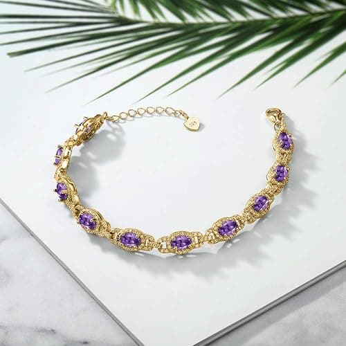 Gem Stone King Oval Halo Gemstone Tennis Bracelet | 6X4MM Oval Birthstone Bracelet for Women | 18K Yellow Gold Plated Silver | 7 Inch + 1 Inch Extender | Gift for Mom Wife Her thumbnail 5
