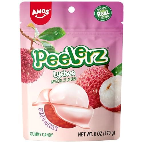 AMOS Peelerz Lychee Gummy Candy, Peelable Fruit-Shaped Candy | 6oz Resealable Pouch | Made with Real Fruit Juice, Fun & Chewy Snack for Holidays - Image 1