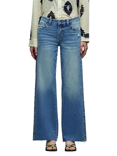 ONESO Mid-Low Rise Baggy Jeans Wide Leg for Women Distressed Pants Stretchy Bottom Lady Basic Comfortable Denim - Image 1