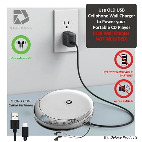 Deluxe Products CD Player Portable with 60 Second Anti Skip, Stereo Earbuds, Includes Aux in Cable and AC USB Power Cable for use at Home or in Car. Silver thumbnail 6
