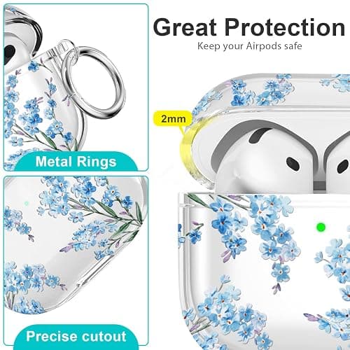 Case for AirPods 4 - Wonjury Clear Case Cover Floral Print Skin Women Girls Keychain Cleaner Tool for Apple Airpods 4th 2024 - Flower Blue thumbnail 4