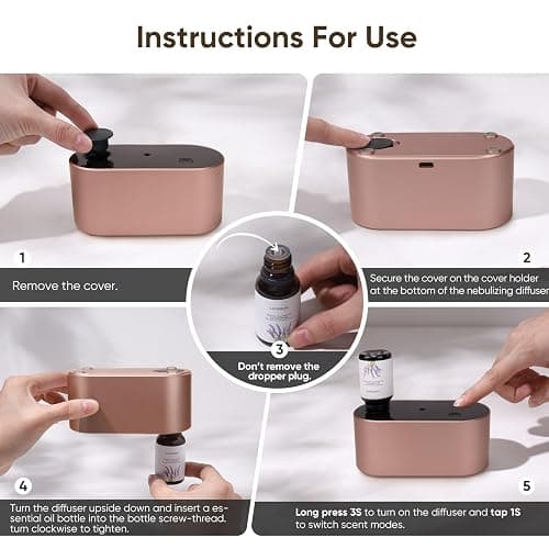 Lecdura Waterless Diffuser for Essential Oil, Battery Operated Scent Air Aromatherapy Diffuser, Mini Aroma Diffusers with 3 Intermittent Mist Modes, Cycle Start for Home Office Bedroom - Rose Gold thumbnail 7