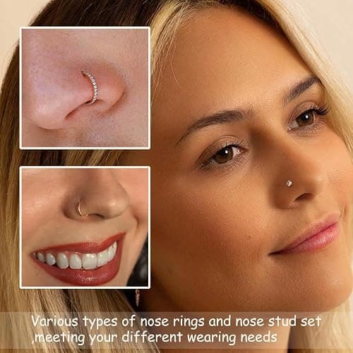DAILI 8PCS Titanium Nose Rings Stud, Gold Nose Ring for Women Men Hypoallergenic Nostril Hoops L Shape Nose Studs Corkscrew CZ Nose Piercing Jewelry Silver 18G & 20G Nose Ring Studs 2/2.5/3mm thumbnail 6