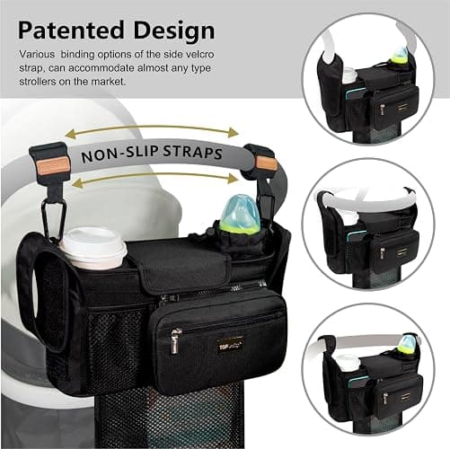TOPDesign Universal Baby Stroller Organizer, Stroller Caddy with Detachable Mesh Bag & Heightened Insulated Cup Holders & Non-Slip Secure Hooks Accessories, Fits Most Strollers (Zoo 2) thumbnail 4