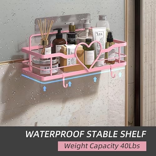 FLCITY Pink Shower Caddy with 4 Removable Hooks, 2 Pack Sweet Heart Shower Shelves,No Drilling Adhesive Organizer Shelf for Bathroom Shower,Kitchen,Bedroom thumbnail 4
