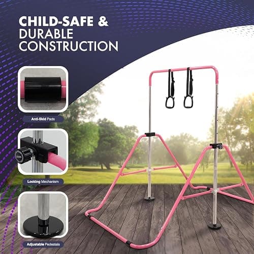 KAYMAN Foldable Gymnastics Horizontal Bar with Hand Protection Wrap, Adjustable Height & Feet - Durable Iron Equipment for Flexibility Training, Compact & Stylish - Perfect for Home Gym - Pink thumbnail 2