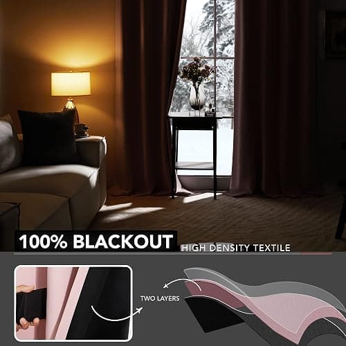 Deconovo 100% Blackout Curtains with Black Liner, Thermal Insulated Noise‑Reducing Grommet Drapes, Double‑Layer Room Darkening for Bedroom, Nursery, Home Office, 2 Panels, Crystal Pink, 52W x 84L thumbnail 4