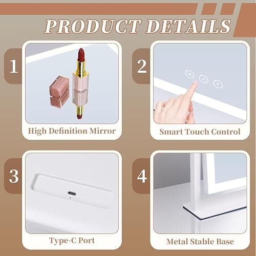 Lighted Vanity Mirror with Lights, Makeup Mirror with Light, 16.7"x 13.2",Three Color Lighting Modes and Dimmable Lighting, Smart Touch Control, 360°Rotation, for Vanity Desk Tabletop,Dressing Room thumbnail 5