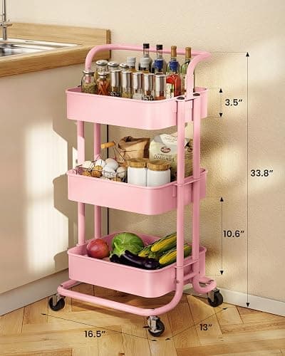 Pipishell 3 Tier Mesh Utility Cart, Rolling Metal Organization Cart with Handle and Lockable Wheels, Multifunctional Storage Shelves for Kitchen Living Room Office Pink thumbnail 3