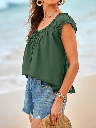 Tankaneo Women Summer Tie Front Tank Tops Cap Sleeve Pleated Babydoll Tops Casual Loose Fit Going Out Flowy Shirt thumbnail 5