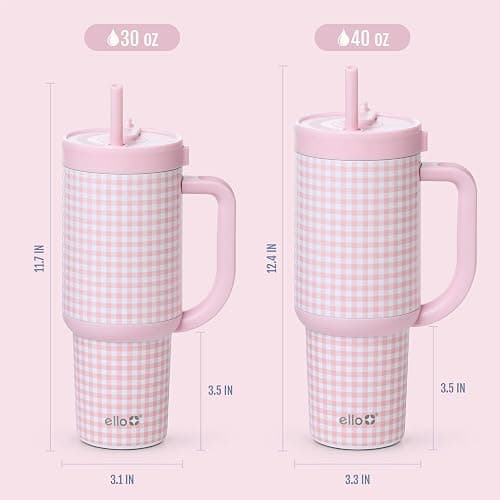 Ello Oasis 30 oz Tumbler with Handle & Retracting Straw | Reusable Insulated Stainless Steel Cup 100% Leakproof, Gifts for Teens Women Men | Keeps cold for 24 Hours, Cup Holder Friendly, Pink Gingham thumbnail 2
