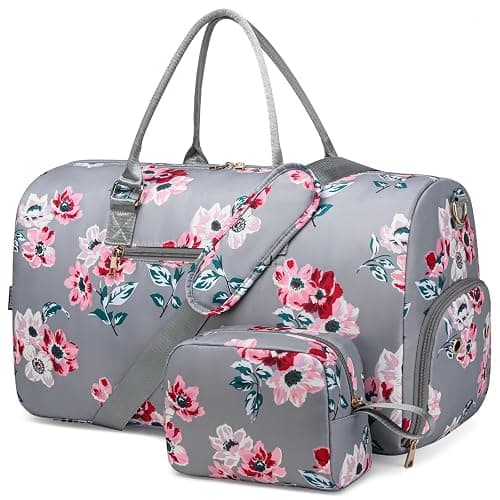 Travel Duffle Bag for Women Weekend, Hospital Bags with Toiletry Bag, Weekender Bags with Shoe Compartment, Carry On Overnight Holdall Bag for Women, Gym Bag with Wet Pocket Gray Floral - Gray Floral - Image 1