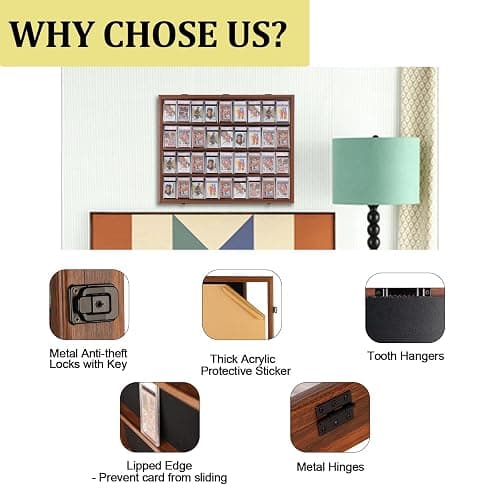 Temgee 36 CardBaseball Card Display Case - Lockable Sports Graded Card Display Case Wall Mount with UV Protection Acrylic Door for Baseball Basketball Football Hockey Trading Card Collection - Walnut thumbnail 5