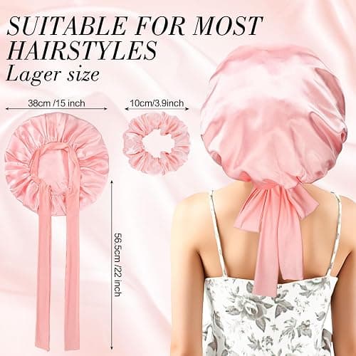 Double-Layer Satin Silk Sleep Bonnet for Women with Adjustable Tie Band - Hair Protection for Curly Natural Wavy Hair - Includes 1 Free Silk Hair Scrunchies, Pink Birthday Mothers Day Gifts thumbnail 3