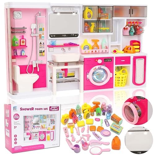 55 Pcs Doll Mini Bathroom Furniture 11.5 Inch Girl Doll Dollhouse Decro Laundry Playset for Kids House Furniture Pretend Play Toy Accessories Set for Toddlers 4 in 1 Doll Bathroom Playset - Image 1