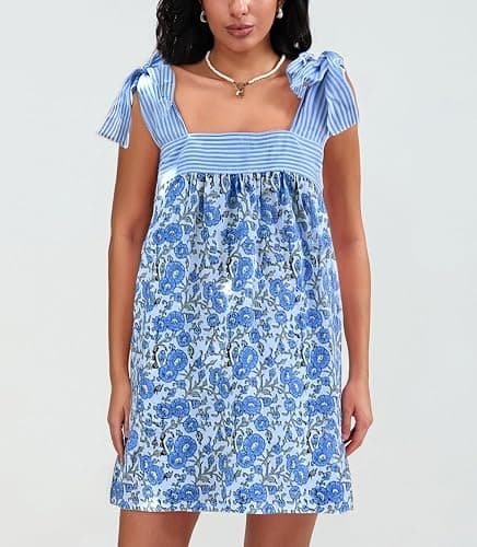 Women Floral Tie Shoulder Mini Dress Cute Square Neck Loose Fit Beach Short Dress Backless Boho Vocation Sundress thumbnail 2