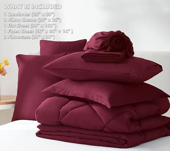 CozyLux Queen Comforter Set Burgundy - Bed in a Bag Queen Size 7 Pieces, Luxury Soft Bed Set for All Seasons, Bedding Set with Down Alternative Comforter, Sheets, Pillowcases & Shams, Red thumbnail 6