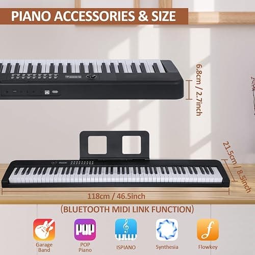 88 Key Piano Keyboard, Electric Digital Piano with Semi Weighted Keys, Keyboard Piano with Sustain Pedal, Power Supply, Stand, Carrying Case, Headphones, USB-MIDI Compatibility, for Beginner Adults thumbnail 3