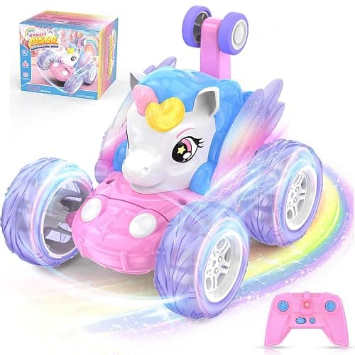 Unicorn Remote Control Car for Girls 3 4 5 6 7 8 Years Old, Pink Monster Truck with Colourful Light 360°Flip RC Stunt Car Rechargeable Kids Toy Birthday Gift/Present Juguete Carros Regalo Para Niñas - Image 1