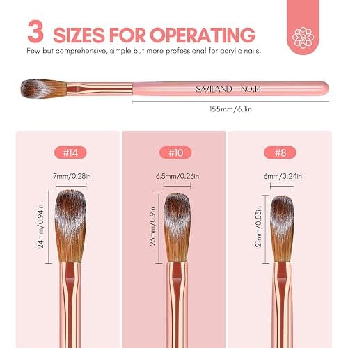 SAVILAND 3PCS Acrylic Nail Brush Set: Size 8/10/14 Kolinsky Acrylic Nail Brushes for Application, Pink Handle Professional Acrylics Powder Brushes for Nails Extension & 3D Nails Carving thumbnail 4