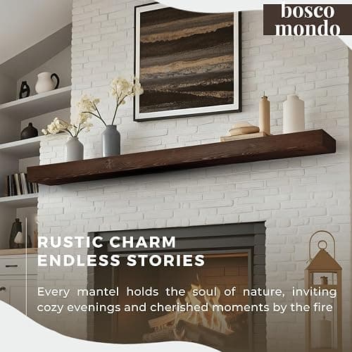 BoscoMondo Solid Wood Fireplace Mantel Shelf, Floating Mantle for Living Room, Farmhouse Rustic Wood Mantel, Easy Wall Mount with Heavy-Duty Metal Bracket (60", Intense Brown) - 60" - Intense Brown thumbnail 3