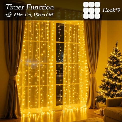 Soagrc 300 LED Warm White Curtain String Lights 9.8x9.8FT, Plug in Fairy Lights with 9 Hooks, Dimmable, Timer & 8 Modes, IP44 Waterproof, Bedroom Wall Wedding Backdrop Christmas Indoor Outdoor Decor thumbnail 8