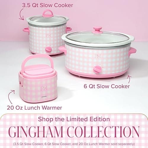Paris Hilton 3.5-Quart Manual Slow Cooker, Features Three Settings (Low, High, Warm), Naturally Nonstick and Dishwasher Safe Stoneware Insert, Family Sized Capacity, Gingham Pink thumbnail 8
