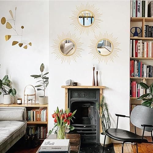 Cityelf 3 Set Gold Sunburst Mirrors for Wall Decorative Metal Mirrors Small Mirror Sets Decor Hanging Mirror Wall Sculpture for Bedroom Living Room Entryway thumbnail 6