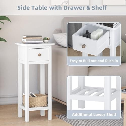 Giantex Tall End Table, Narrow Side Table with Drawer and Shelf, Acacia Wood Nightstand for Living Room, 2-Tier Bedside Table for Small Space, No Assembly, White - 1 - White thumbnail 6