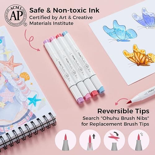 Ohuhu Alcohol Markers 60 Illustration Colors Brush Soft Chisel for Coloring | Dual Tips Art Markers for Artists Adults Coloring Illustration Drawing, AP Certified Refillable Alcohol-based, Honolulu S thumbnail 6
