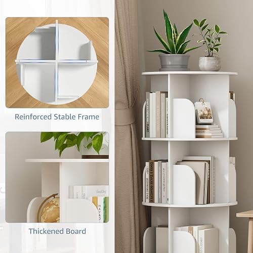 DUMOS 3 Tier Rotating Bookshelf Tower, Spinning Bookshelf for Small Space | 360° Display Revolving Bookcase Lazy Susan, Freestanding Vertical Corner Book shelf for Bedroom, Living Room, Entryway, White thumbnail 5