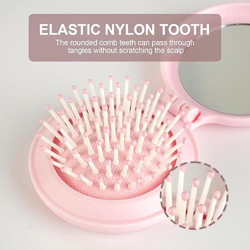 Jurrissa Folding Hair Brush with Mirror for Women Men and Kids，Portable Compact Hair Brush for Purse Pocket Bags, Travel Size Foldable brush with Case, Easy to Carry(Pink) thumbnail 4