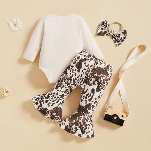 TheFound Infant Baby Girl Clothes Newborn Ruffle Long Sleeve Ribbed Romper Print Bell Bottom Toddler Baby Fall Winter Outfit thumbnail 4