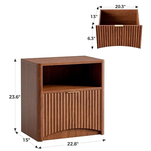 Evermagin Fluted Nightstand Set of 2, Walnut Bedside Table with Drawer and Storage, Wood End Table Mid Century Modern, Large Night Stand for Bedroom thumbnail 2